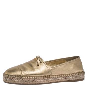 Pre Owned Prada Metallic Gold Leather Bow Espadrille Flats Size 39