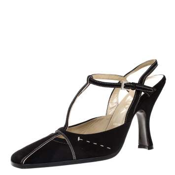 Pre Owned Prada Black Suede T Bar Square Toe Ankle Strap Pumps Size 37.5