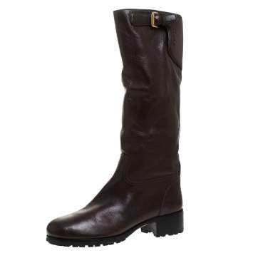Pre Owned Prada Brown Leather Block Heel Knee Length Boots Size 39