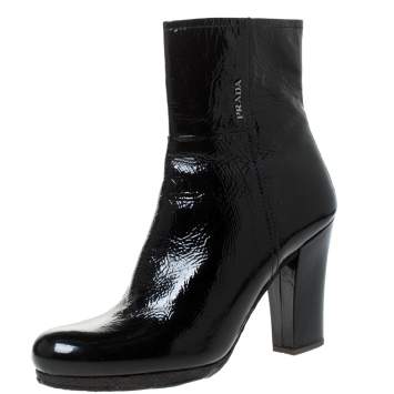 Pre Owned Prada Black Patent Leather Ankle Length Boots Size 40.5