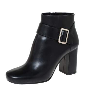 Pre Owned Prada Black Leather Buckle Detail Block Heel Ankle Boots Size 35.5