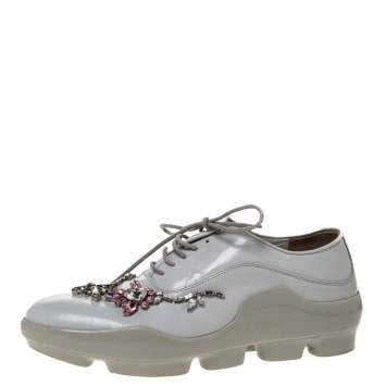 Pre Owned Prada White Crystal Embellished Leather Lace Up Sneakers Size 37.5