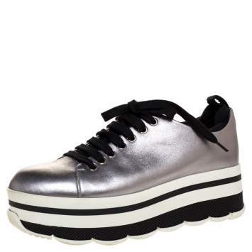 Pre Owned Prada Sport Metallic Silver Leather Lace Up Platform Sneakers Size 37