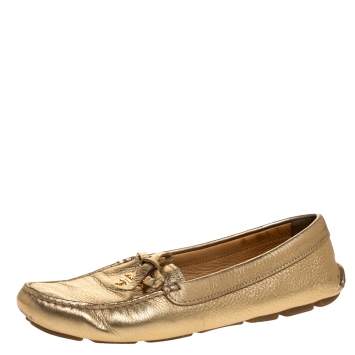 Pre Owned  Prada Metallic Gold Leather Bow Slip On Loafers Size 37.5