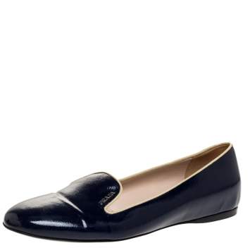 Pre Owned Prada Dark Blue Patent Saffiano Leather Smoking Slippers Size 40.5