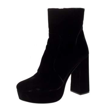 Pre Owned Prada Black Velvet Block Heel Platform Ankle Boots Size 38.5