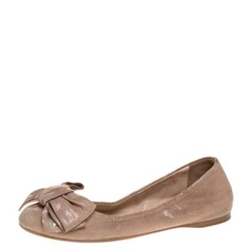 Prada Beige Textured Leather Bow Ballet Flats Size 37