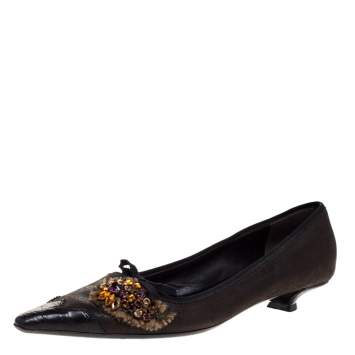 Pre Owned Prada Dark Brown Leather Crystal Embellished Vintage Pointed Pumps Size 36.5