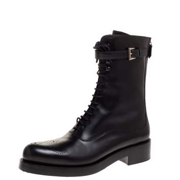 Pre Owned Prada Black Leather Combat Boots Size 38