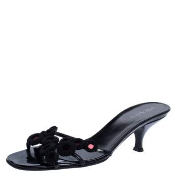 Pre Owned Prada Black Leather and Fabric Crochet Detail Slide Sandals Size 36