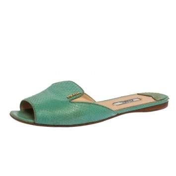 Pre Owned Prada Green Ayers Snake Leather Flat Slides Size 37