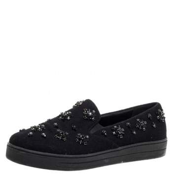 Pre Owned Prada Black Felt Crystal Embellished Slip On Sneakers Size 39