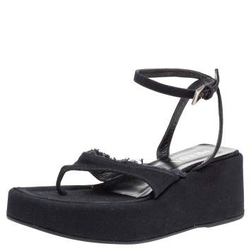 Pre Owned Prada Dark Blue Canvas Thong Platform Ankle Strap Sandals Size 39.5
