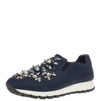 Pre Owned Prada Navy Blue Canvas Crystal Embellished Slip On Sneakers Size 39