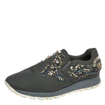 Pre Owned Prada Grey Canvas Crystal Embellished Slip On Sneakers Size 38