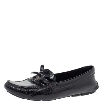 Pre Owned Prada Black Patent Leather Bow Slip On Loafers Size 37.5