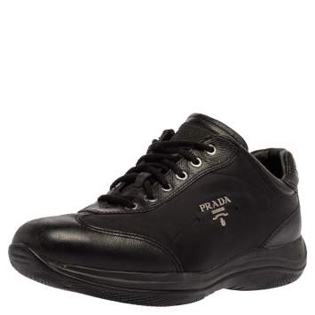 Pre Owned Prada Black Leather and Nylon America's Cup Lace Up Sneakers Size 37.5