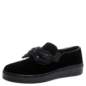 Pre Owned Prada Black Velvet Crystal Embellished Bow Slip On Sneakers Size 38.5