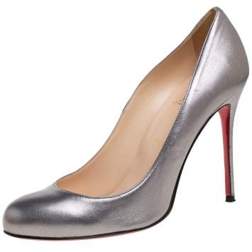Pre Owned Christian Louboutin Silver Leather Simple Pumps Size 39.5 