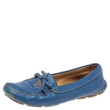 Pre Owned Prada Blue Leather Bow Slip On Loafers Size 35