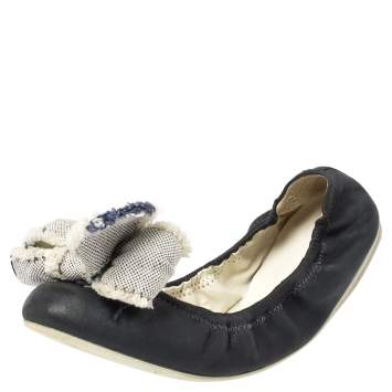 Pre Owned Prada Blue Leather Bow Logo Scrunch Ballet Flats Size 38.5