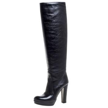 Pre Owned Prada Black Leather Knee Length Boots Size 37.5