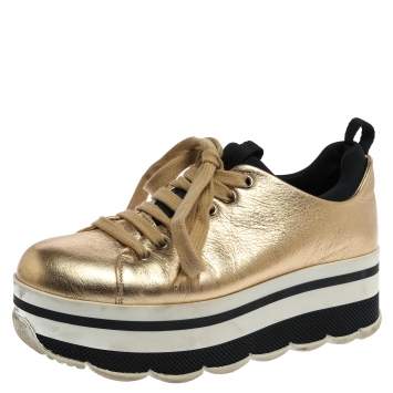 Pre Owned Prada Sport Metallic Gold Leather Lace Up Platform Sneakers Size 36