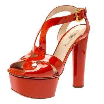 Pre Owned Prada Orange Patent Leather Ankle Strap Platform Sandals Size 36