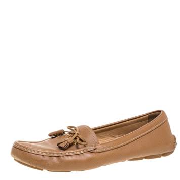 Pre Owned Prada Brown Saffiano Leather Bow Slip On Loafers Size 39.5