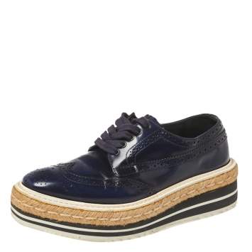 Pre Owned Prada Blue Brogue Leather Derby Lace Up Espadrille Sneakers Size 35.5