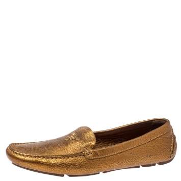 Pre Owned Prada Gold Leather Loafers Size 38.5