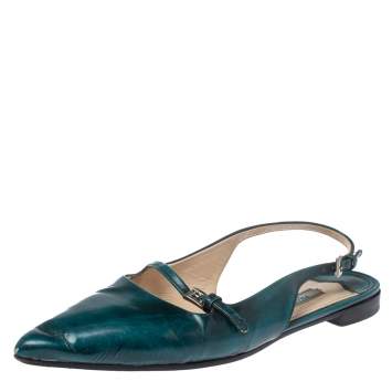 Prada Green Patent Leather Cut Out Buckle Slingback Flat Sandals Size 37.5