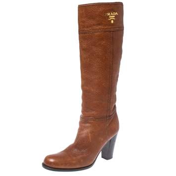 Pre Owned Prada Brown Leather Knee Length Boots Size 38