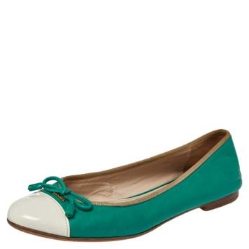 Pre Owned Prada Green/White Leather Bow Cap Toe Ballet Flats Size 38.5