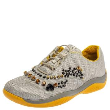 مملوكة مسبقًا Prada Grey Mesh Embellished Low-Top Sneakers Size 40
