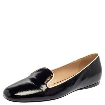 Pre Owned Prada Black Patent Saffiano Leather Slip On Smoking Loafers Size 38
