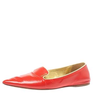 Pre Owned Prada Red Patent Saffiano Leather Pointed Toe Smoking Slippers Size 38.5