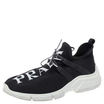 Pre Owned Prada Black Knit Fabric XY Logo Low Top Sneakers Size 39
