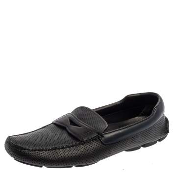 Prada Blue Perforated Leather Slip On Loafers Size 45.5