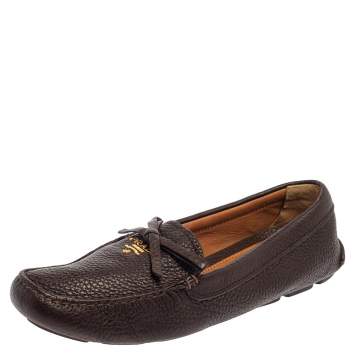 Pre Owned Prada Brown Leather Bow Loafers Size 38