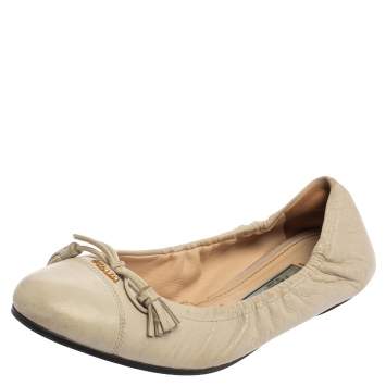 Pre Owned Prada Off White Leather Bow Scrunch Ballet Flats Size 36.5