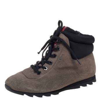 Pre Owned Prada Grey Suede And Fabric Lace Up High Top Sneakers Size 35