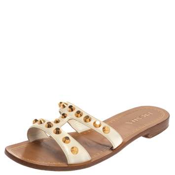 Pre Owned Prada White Patent Leather Studded Flats Size 38