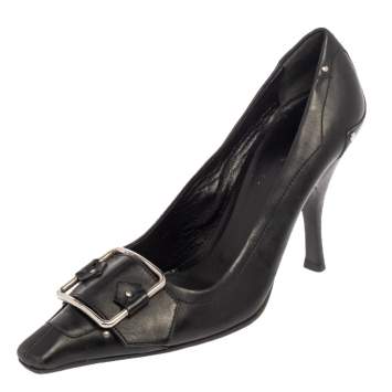 Pre Owned Prada Black Leather Pointed Toe Logo Pumps Size 37