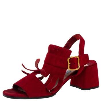 Pre Owned Prada Red Suede Kiltie Slingback Sandals Size 38.5