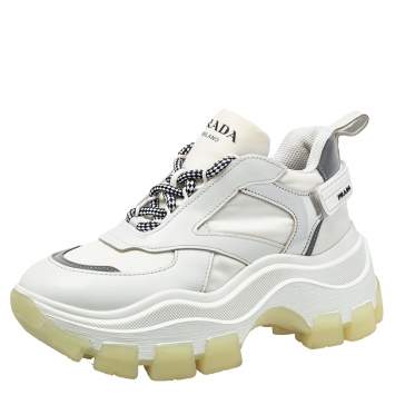 Pre Owned Prada White Leather And Nylon Pegasus Lace Up Sneakers Size 36