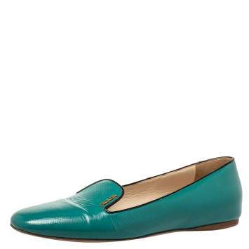 Pre Owned Prada Blue  Patent Leather Saffiano Smoking Slipper Loafers Size 38