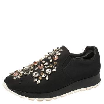 Pre Owned Prada Black Canvas Crystal Embellished Slip On Sneakers Size 38