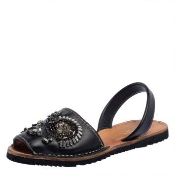 Pre Owned Prada Black Leather Crystal Embellished Flat Sandals Size 39.5