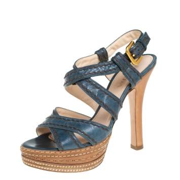 Pre Owned Prada Blue And Tan Leather Stitch Detail Cross Strap Platform Sandals Size 36